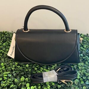 Olga Berg Black Structured Top-Handle Mini Bag with Gold Hardware